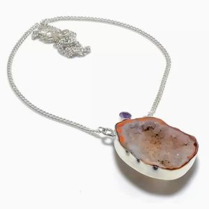 New Agate Geode Druzy and Amethyst Silver Necklace